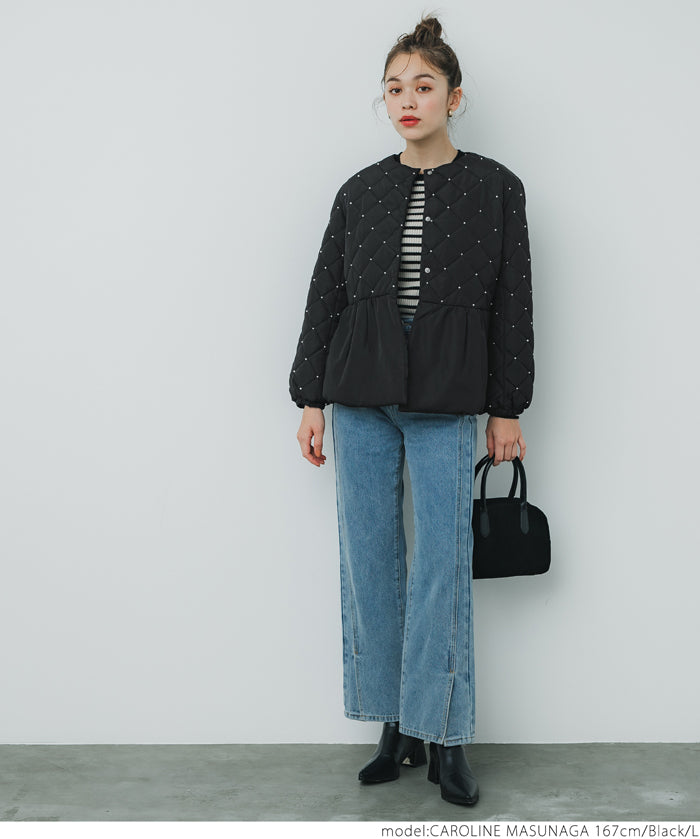 Quilted gathered blouson with pearls