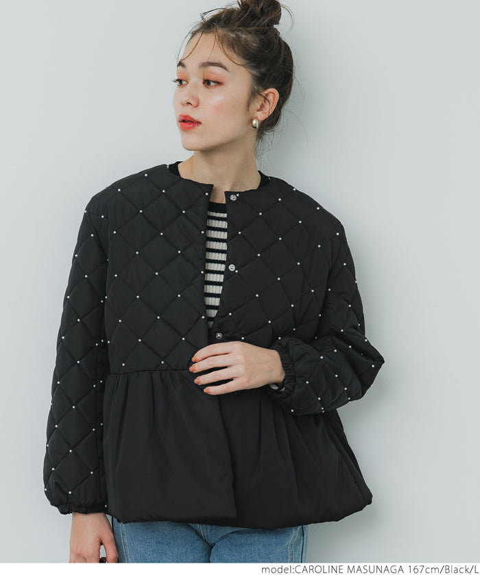 Quilted gathered blouson with pearls