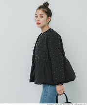 Quilted gathered blouson with pearls