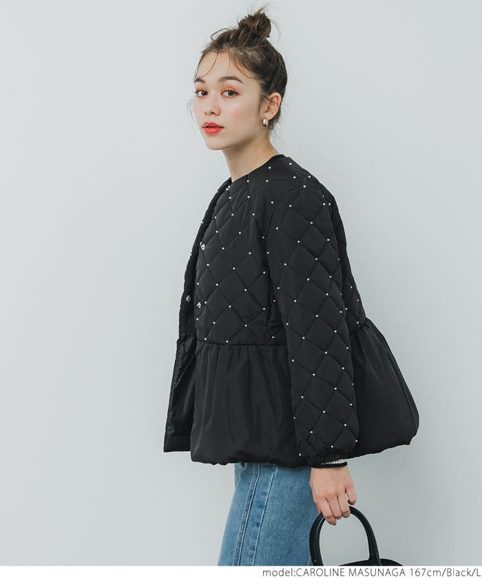 Quilted gathered blouson with pearls