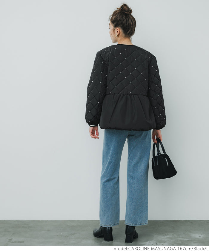 Quilted gathered blouson with pearls