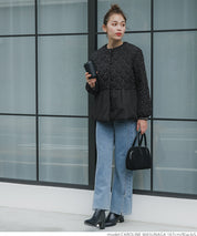 Quilted gathered blouson with pearls