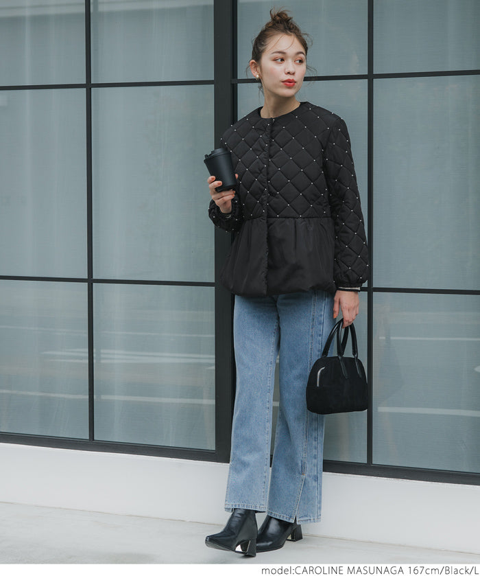 Quilted gathered blouson with pearls