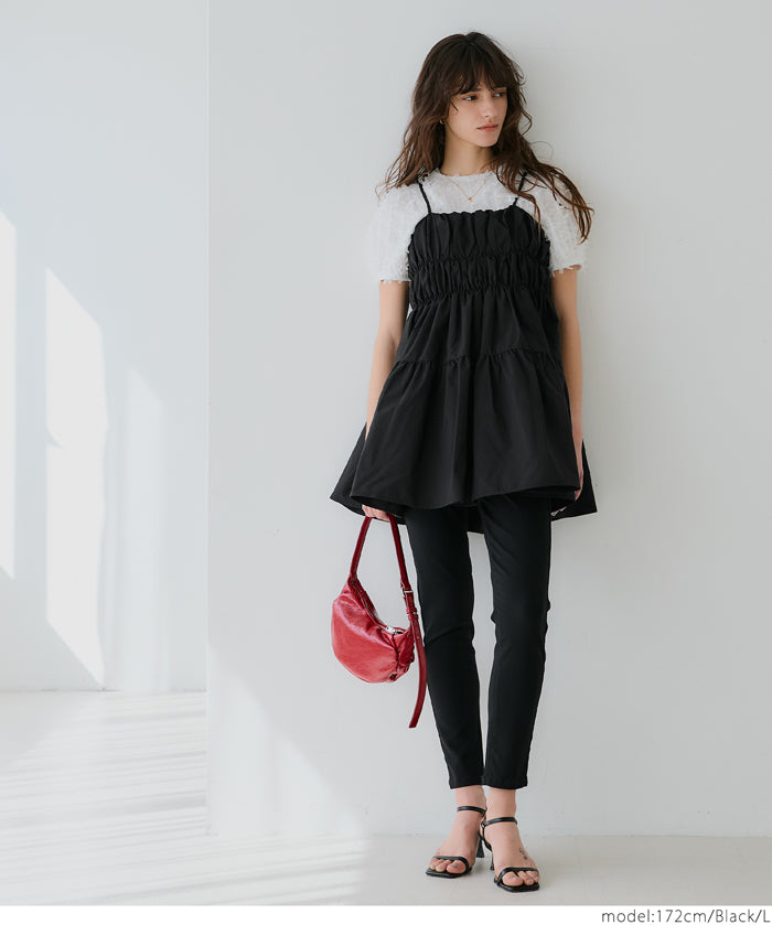 Japanese style mid-length vest with ruched spaghetti straps