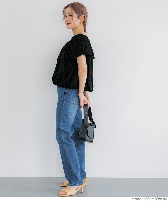 Two-Way Neck Puff Short Sleeve Ruffled Cropped Top