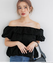 Two-Way Neck Puff Short Sleeve Ruffled Cropped Top
