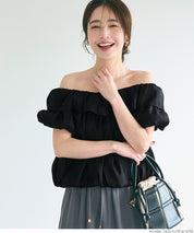Two-Way Neck Puff Short Sleeve Ruffled Cropped Top