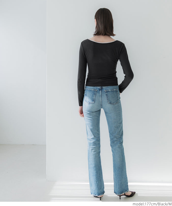 U-neck cotton blend long-sleeved POLO top