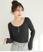 U-neck cotton blend long-sleeved POLO top