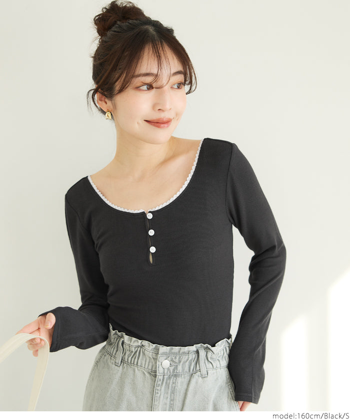 U-neck cotton blend long-sleeved POLO top