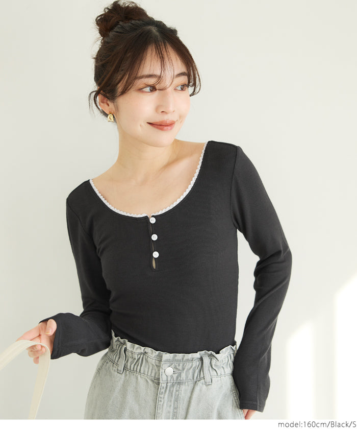 U-neck cotton blend long-sleeved POLO top