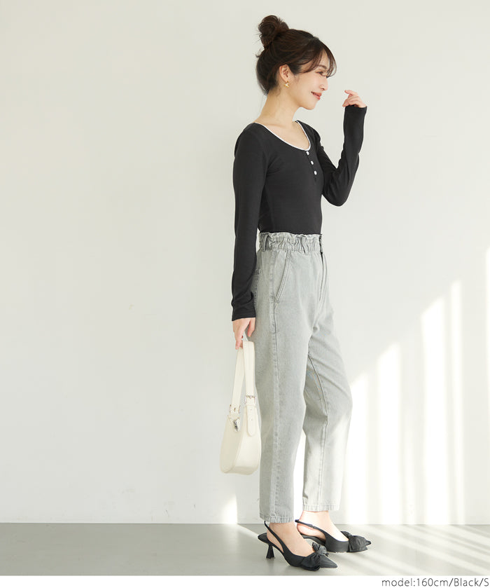 U-neck cotton blend long-sleeved POLO top