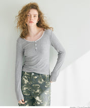 U-neck cotton blend long-sleeved POLO top