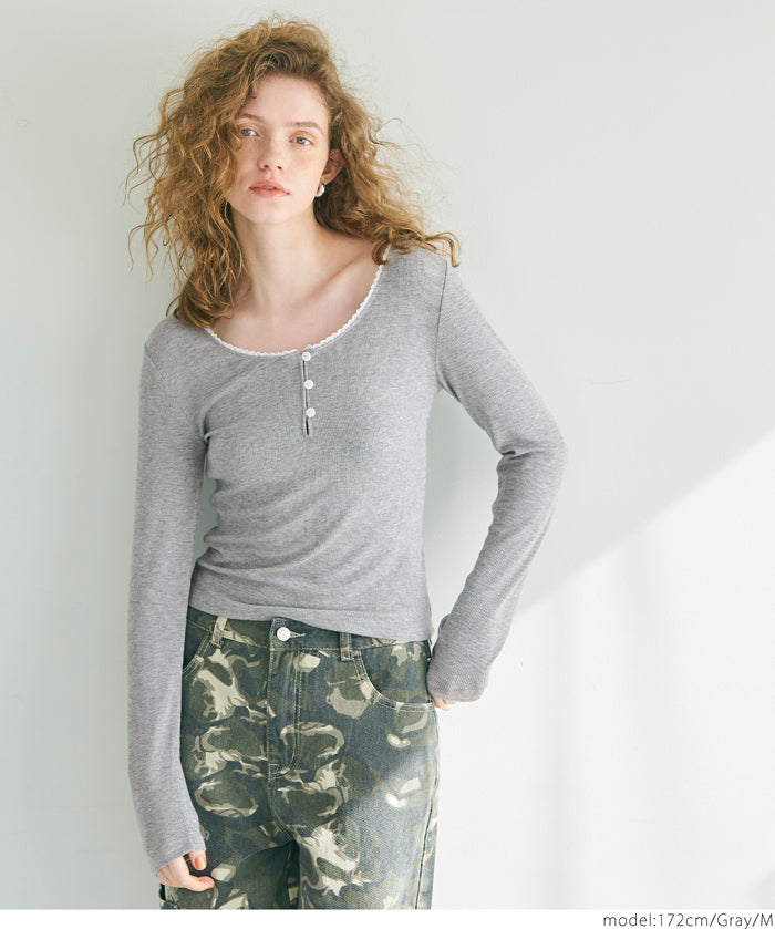 U-neck cotton blend long-sleeved POLO top