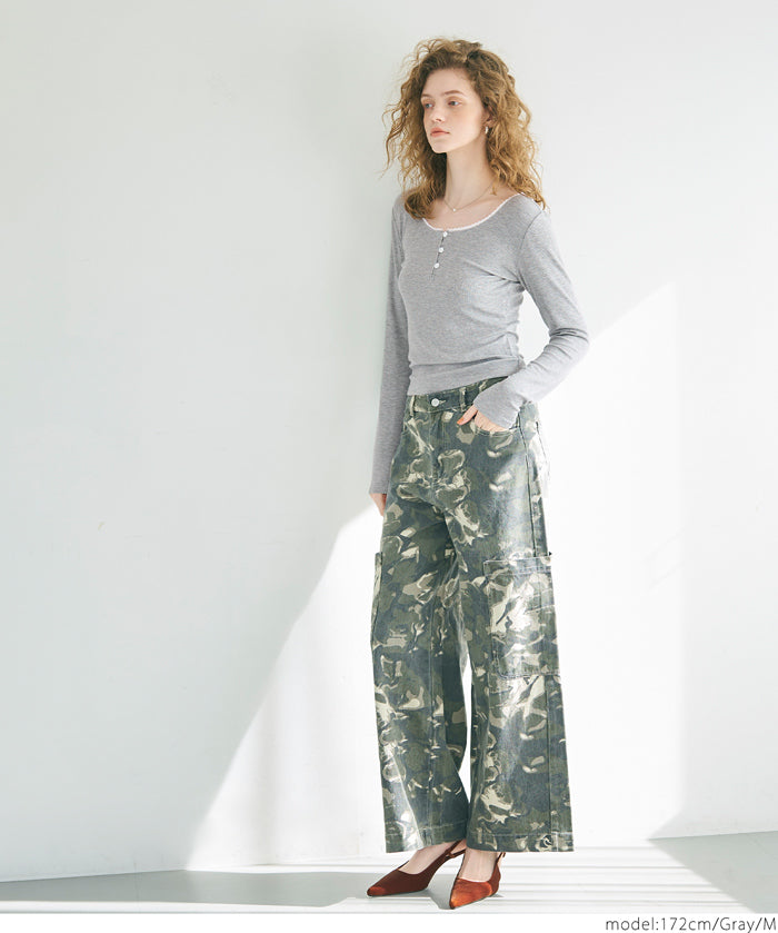 U-neck cotton blend long-sleeved POLO top