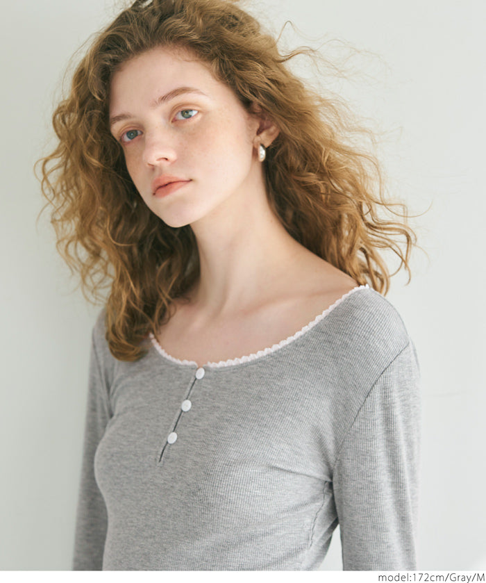 U-neck cotton blend long-sleeved POLO top