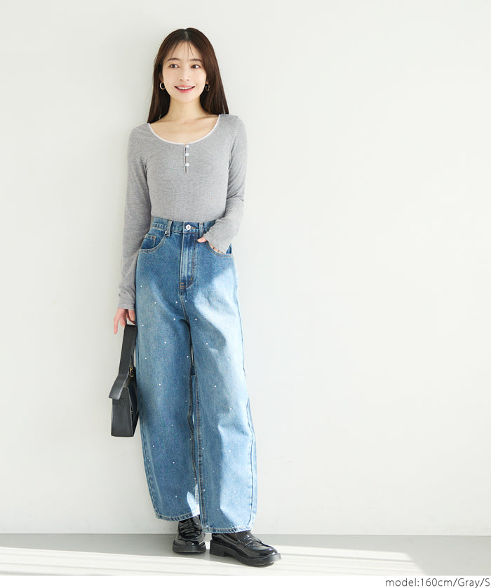 U-neck cotton blend long-sleeved POLO top