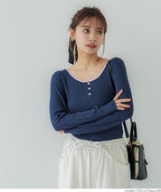 U-neck cotton blend long-sleeved POLO top