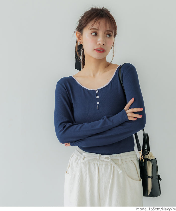 U-neck cotton blend long-sleeved POLO top