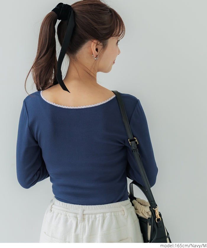 U-neck cotton blend long-sleeved POLO top