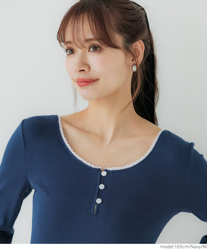 U-neck cotton blend long-sleeved POLO top