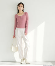 U-neck cotton blend long-sleeved POLO top