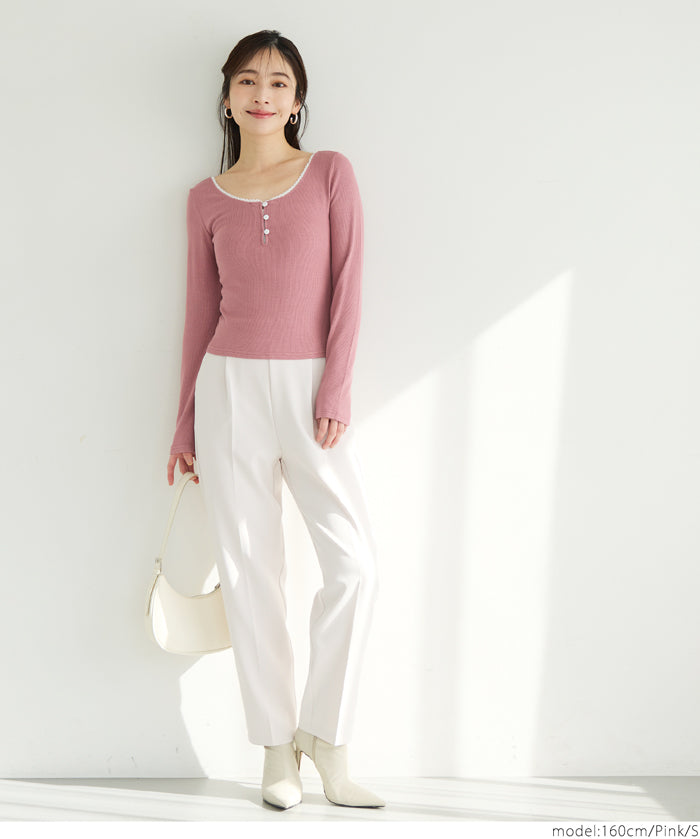 U-neck cotton blend long-sleeved POLO top