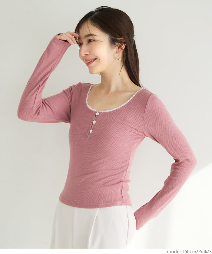 U-neck cotton blend long-sleeved POLO top