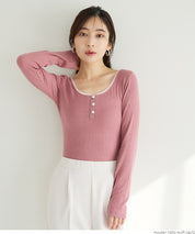 U-neck cotton blend long-sleeved POLO top