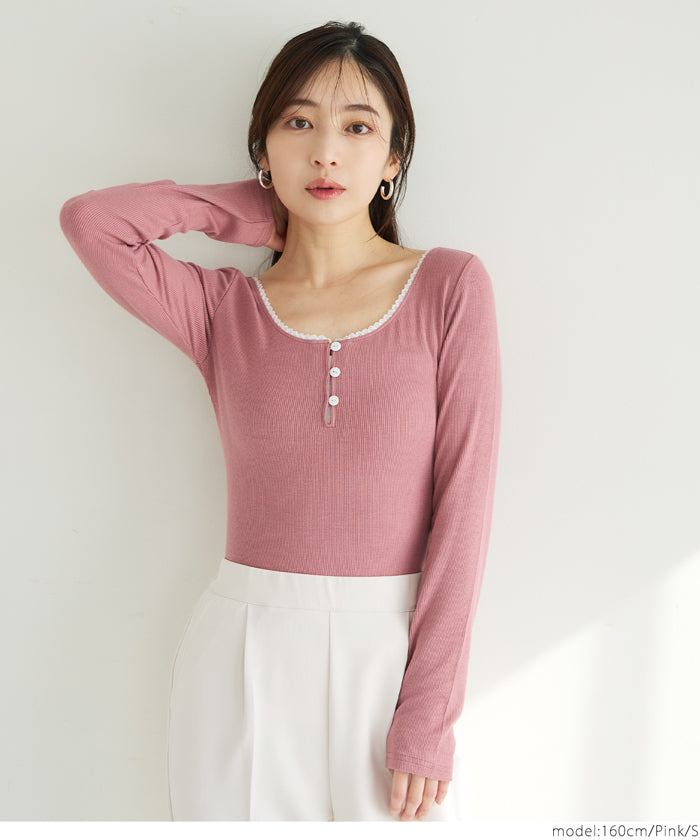 U-neck cotton blend long-sleeved POLO top