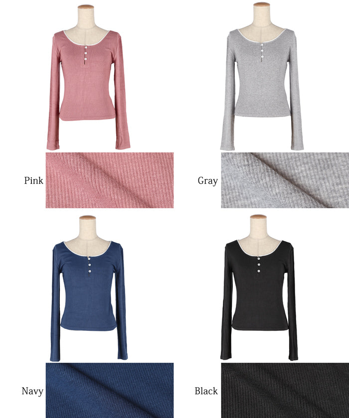 U-neck cotton blend long-sleeved POLO top