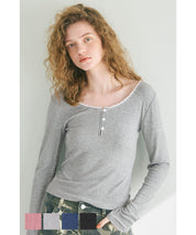 U-neck cotton blend long-sleeved POLO top