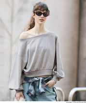 Off-shoulder cotton blend long-sleeved sweatshirt