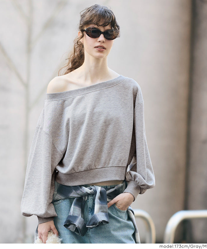 Off-shoulder cotton blend long-sleeved sweatshirt