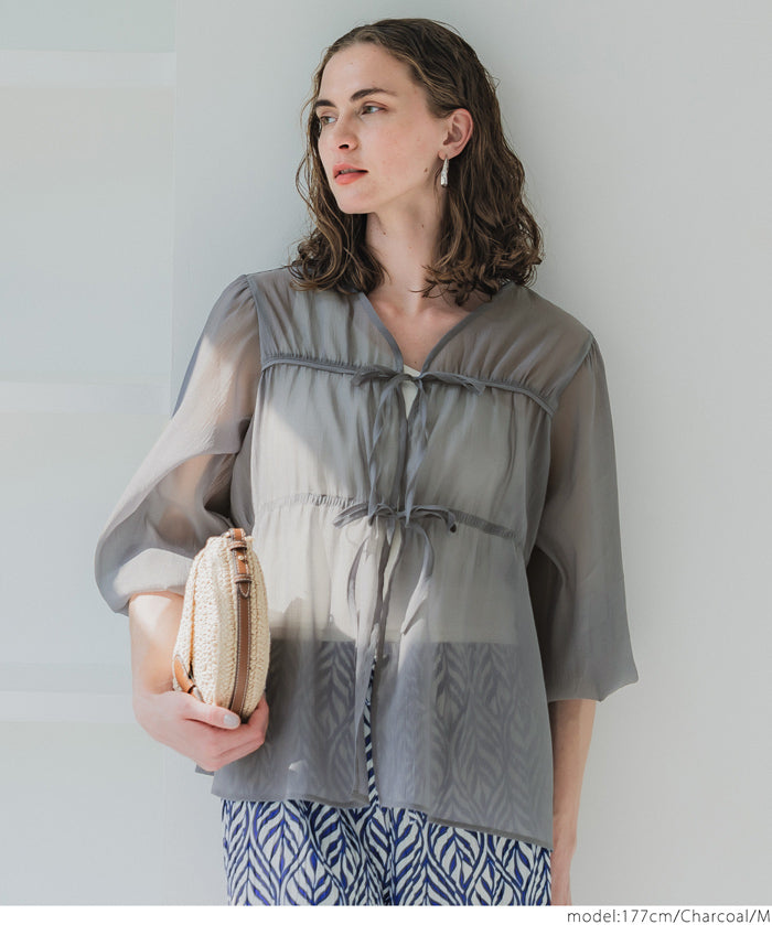 Dopamine Candy Color Pleated Sheer Long Sleeve Shirt