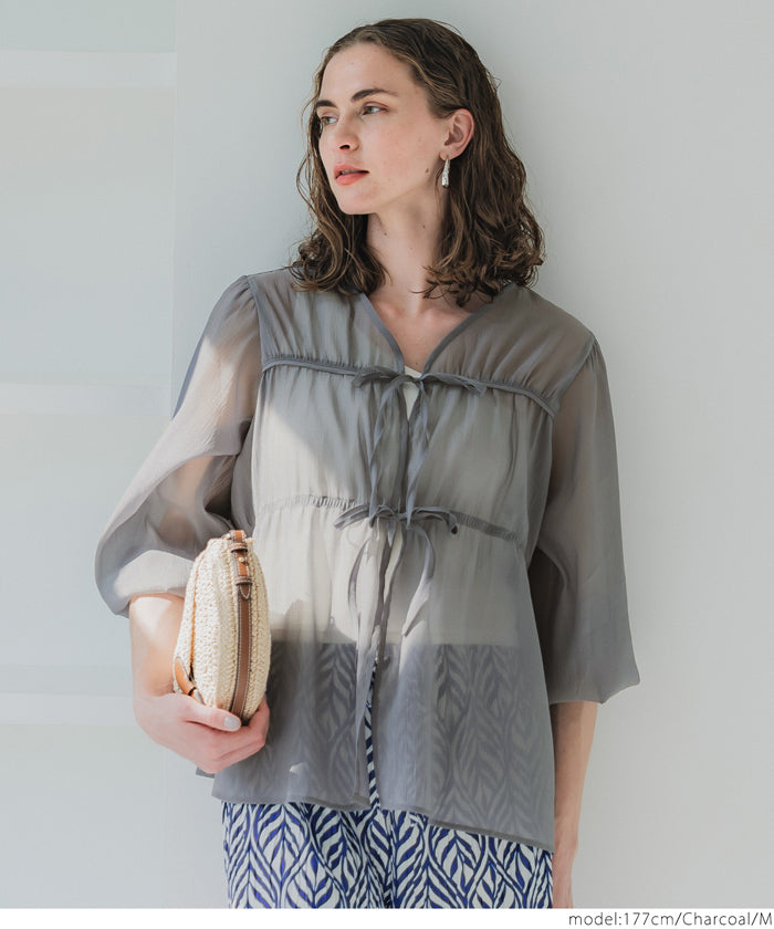 Dopamine Candy Color Pleated Sheer Long Sleeve Shirt