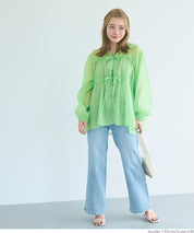 Dopamine Candy Color Pleated Sheer Long Sleeve Shirt