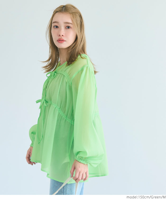 Dopamine Candy Color Pleated Sheer Long Sleeve Shirt