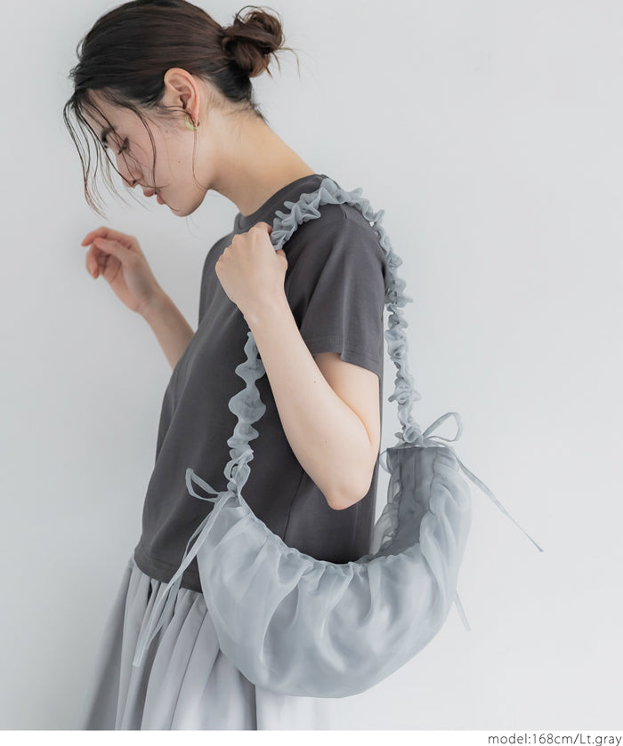 Tulle Crinkled Half Moon Crossbody Bag