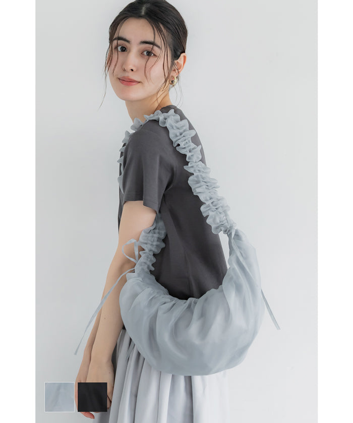 Tulle Crinkled Half Moon Crossbody Bag