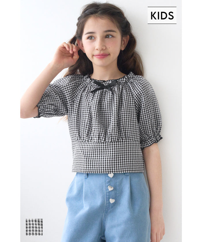 Children's Japanese plaid bow top