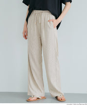 Simple cotton and linen striped drawstring casual pants