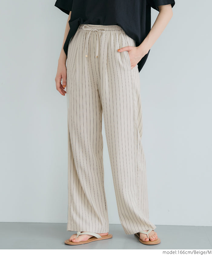 Simple cotton and linen striped drawstring casual pants