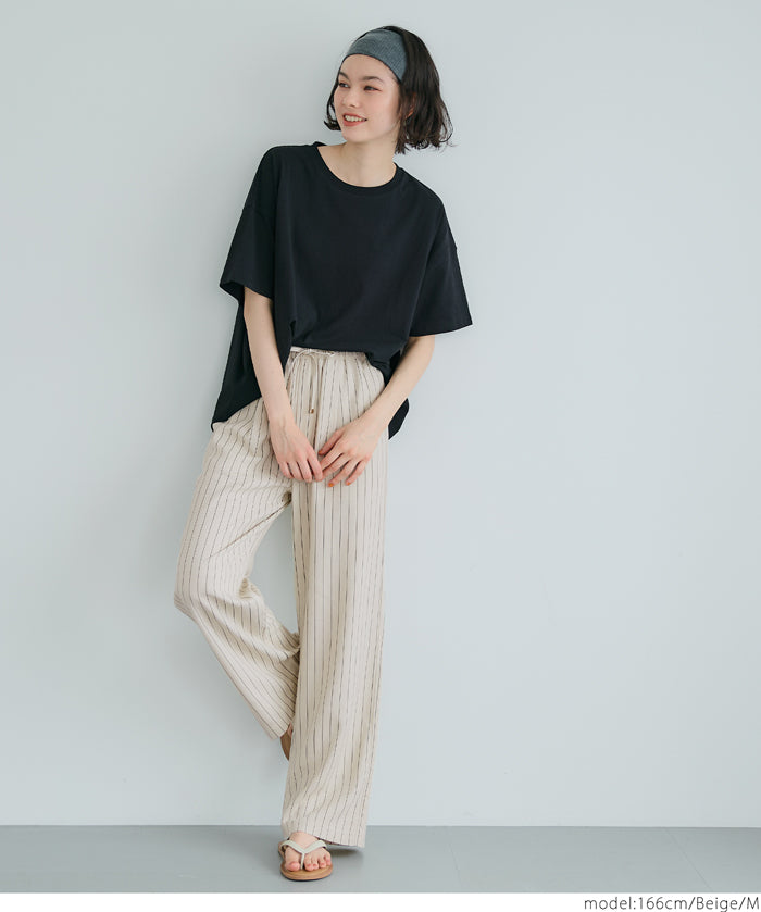 Simple cotton and linen striped drawstring casual pants