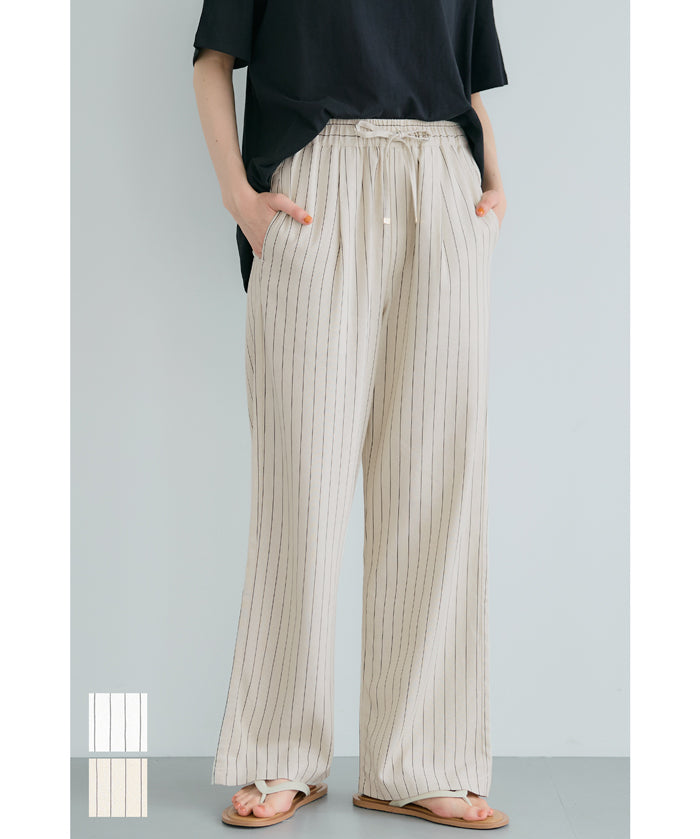 Simple cotton and linen striped drawstring casual pants