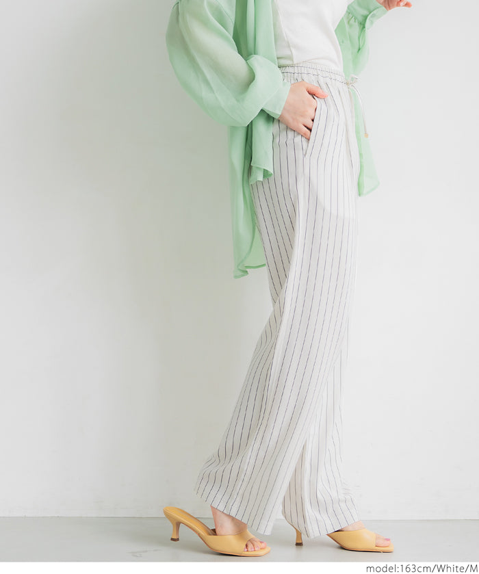 Simple cotton and linen striped drawstring casual pants