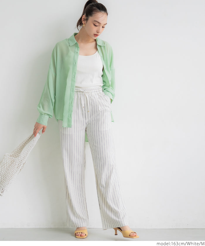 Simple cotton and linen striped drawstring casual pants