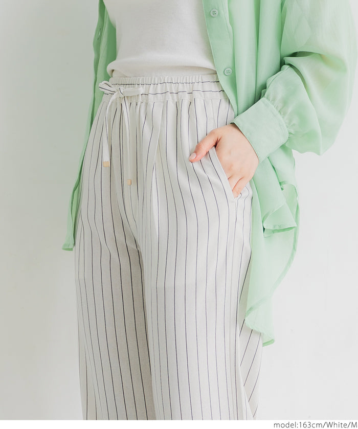 Simple cotton and linen striped drawstring casual pants