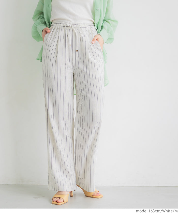 Simple cotton and linen striped drawstring casual pants