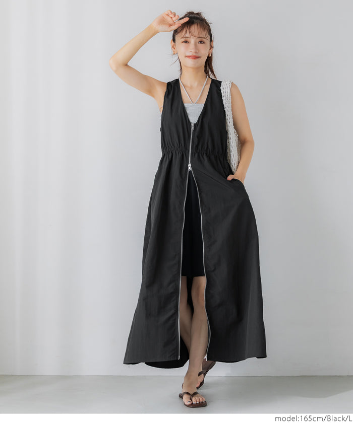 Nylon V-neck zippered side-stitch vest dress